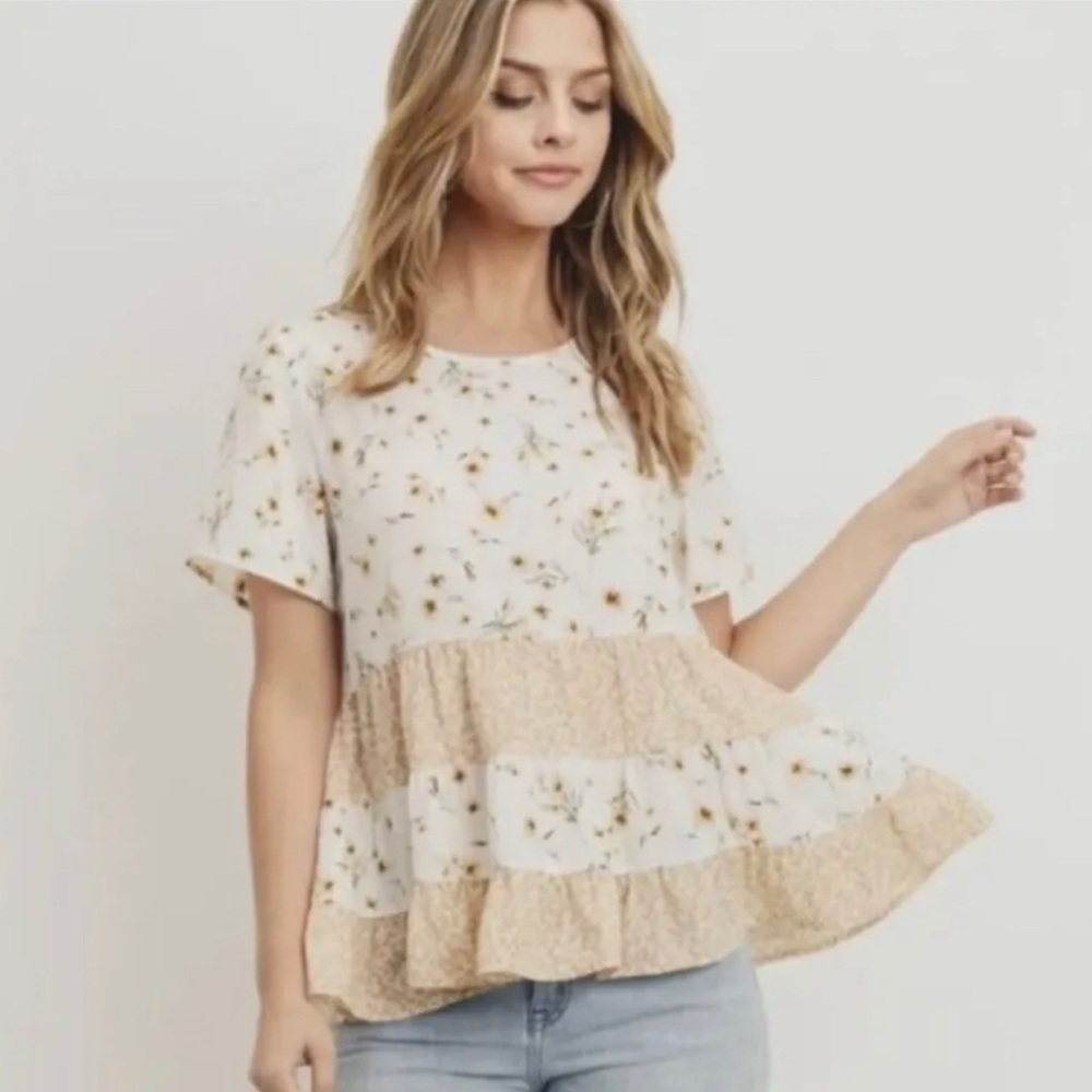 Paper Crane Floral Mixed Print Tiered Babydoll Short Sleeve Top-Size S